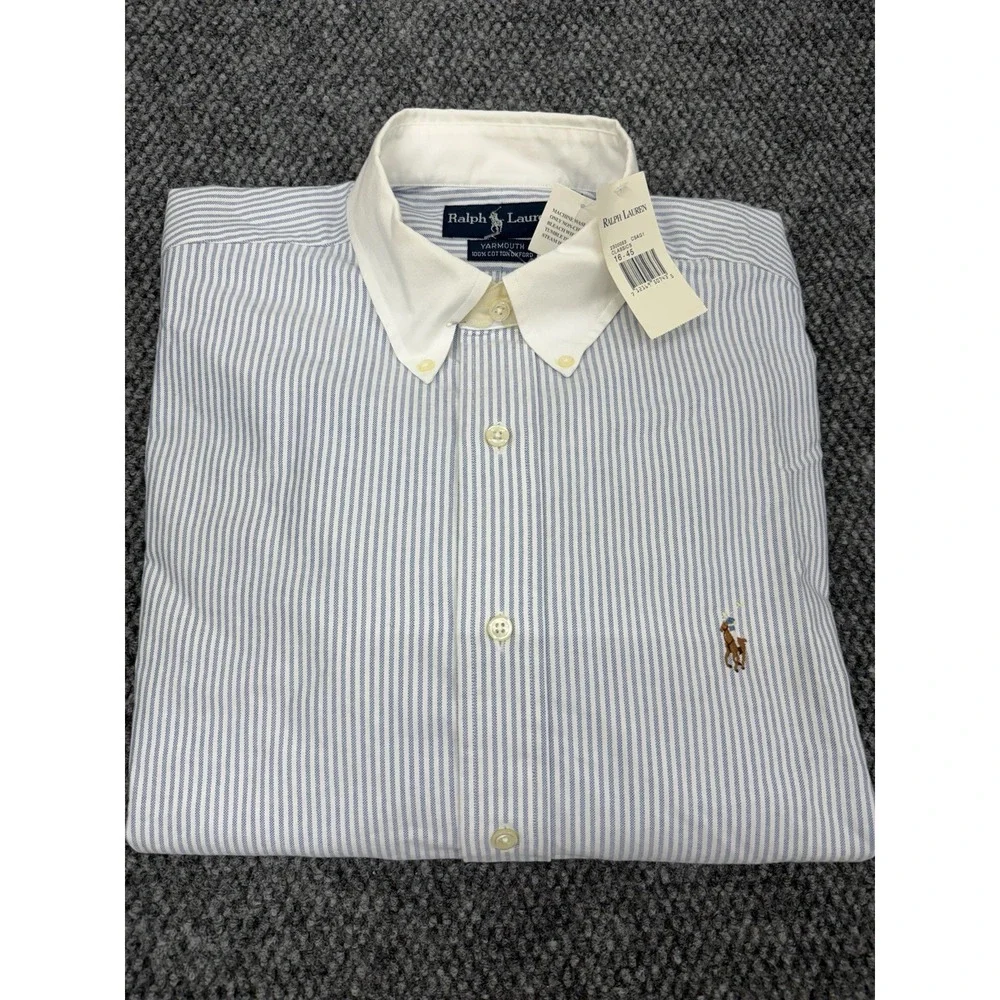 Vintage Polo Ralph Lauren Yarmouth Oxford Shirt Blue White Stripe Men's 16 34/35